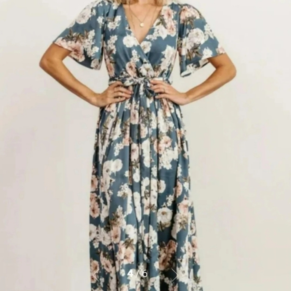 Baltic Born Teal Floral Maxi Dress with Pink & Cream Blossoms - Picture 3 of 10